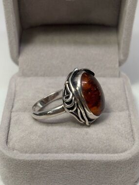 Heavy Sterling Silver Baltic Amber Statement Ring, size 7.5-7.75